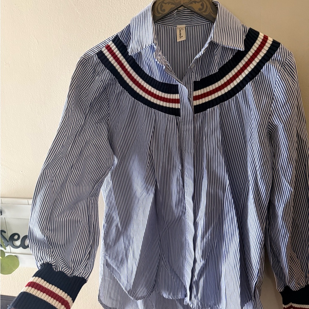 Navy Striped Blouse with Red and White Details